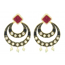 Designer dangle chand bali Earrings Gold Plated With uncut white red Stones 3'